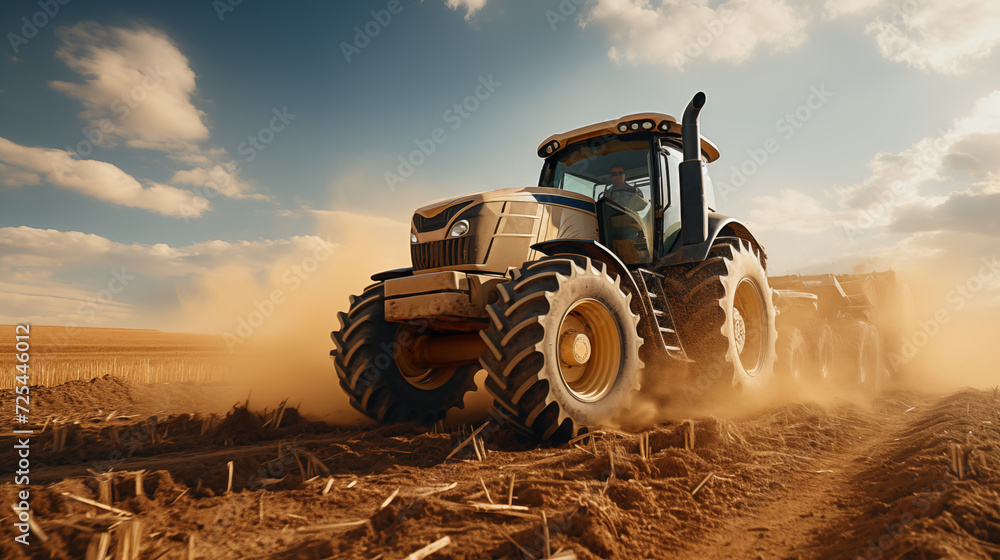 Obraz premium A Modern Tractor Powerfully Plows Through the Farmland, Kicking Up Dust Against a Clear Sky, Depicting Agricultural Strength and Productivity