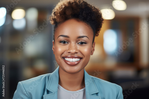 Woman wearing blue jacket smiles at camera. This picture can be used to convey happiness and positivity