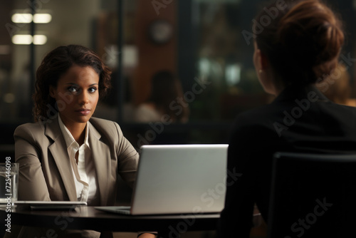 Woman is sitting at table with laptop. This image can be used to illustrate work, technology, and productivity