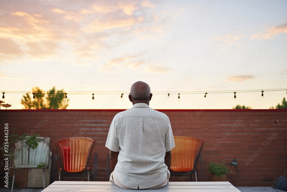 rear view of person on patio gazing at sunset, peaceful posture - obrazy, fototapety, plakaty 