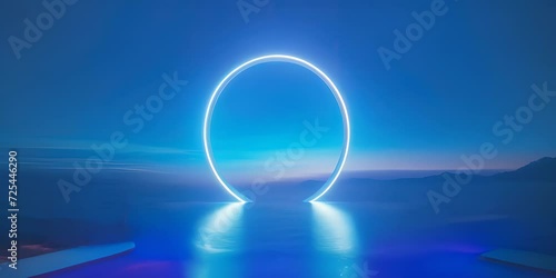 Neon circle above the water surface in twilight light. photo