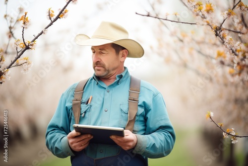 farmer using tablet to track growth of apricot trees