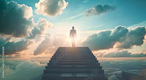Person on a staircase to the sky. Concept of success and ambition. photo