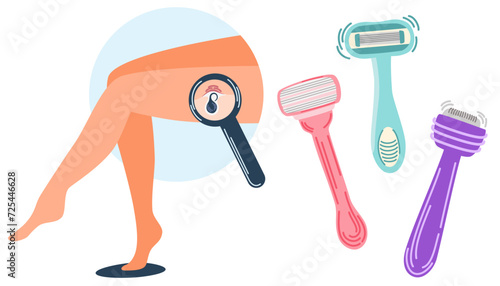 Ingrown hair. Inflamed follicle. Shaving concept. Different razors and cream make female legs silky. Hygiene and beauty everyday procedure. Vector illustration with problems after depilation. photo