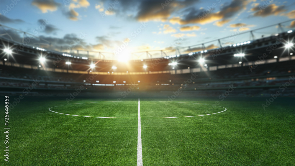 Naklejka premium textured soccer game field with neon fog - center, midfield