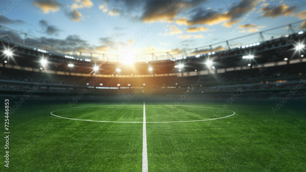 Fototapeta premium textured soccer game field with neon fog - center, midfield
