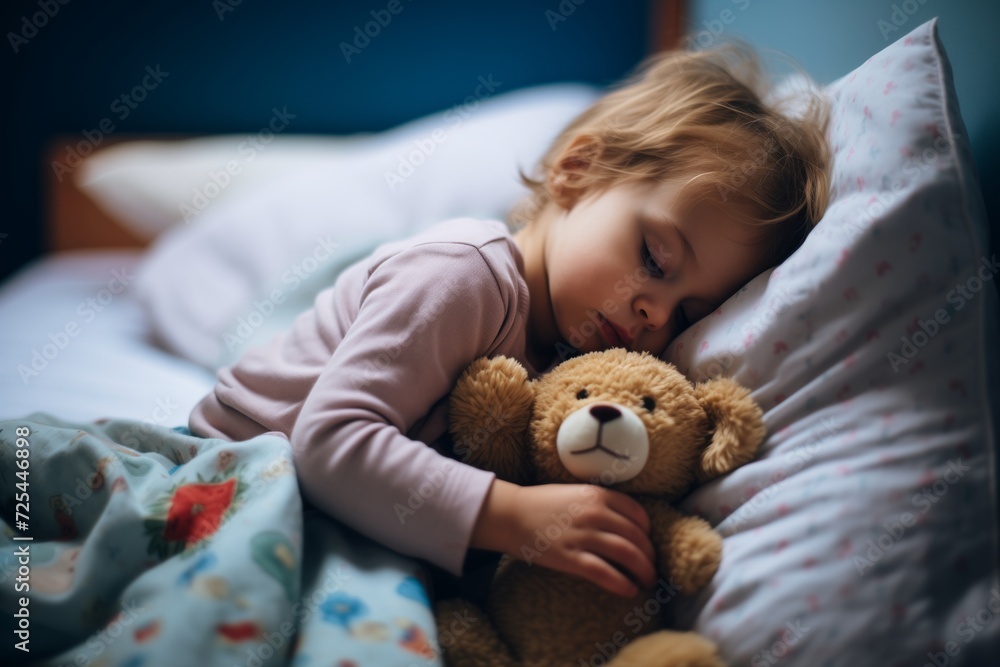 child clutching a teddy bear while asleep in bed child clutching a teddy bear while asleep in bed