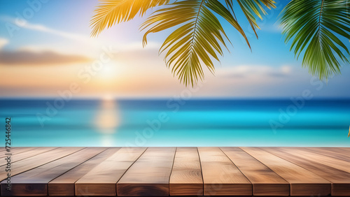 top of wood table with seascape and palm leaves blur bokeh light of calm sea and sky at tropical
