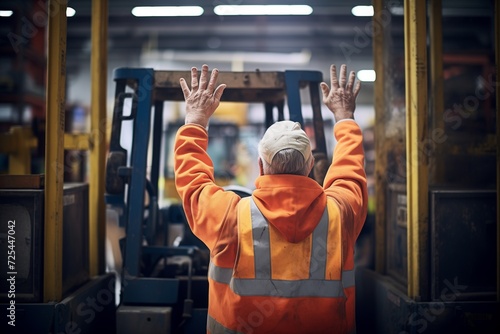 worker in a warehouse with hand up to stop forklift traffic