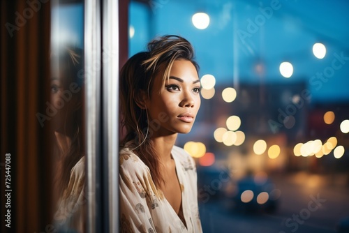 woman by window gazes at urban night lights