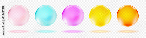 Bright transparent sphere set. Gel collagen orbs, vitamins, serum or crystal balls. Realistic style. Vector Illustration.