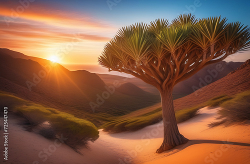 One beautiful Socotra Dragon Tree at sunset. Dragon blood tree with massive trunk and spreading tree crown in front of the desert island landscape.