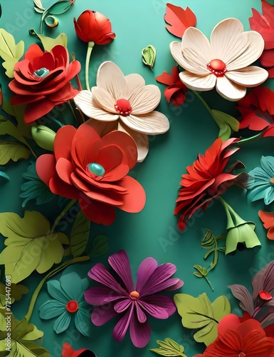  3D illustration floral mural wallpaper colorful flowers background.Premium AI Image   A colorful floral background with a green background and a red flower. See Less Generated AI