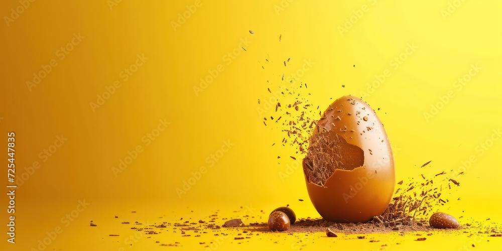 Soft yellow, an Easter egg bursts open to reveal scrumptious, edible chocolate inside or gift text or a personalized message. - obrazy, fototapety, plakaty 