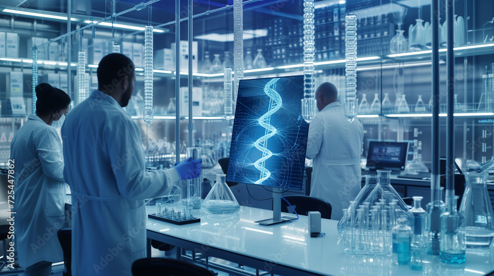 Futuristic biotech lab scientists advanced gene-editing equipment Futuristic biotech lab scientists advanced gene-editing equipment
