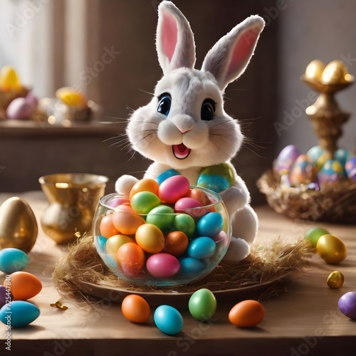 easter bunny with colorful easter choclate eggs in the glass bowl for feast 