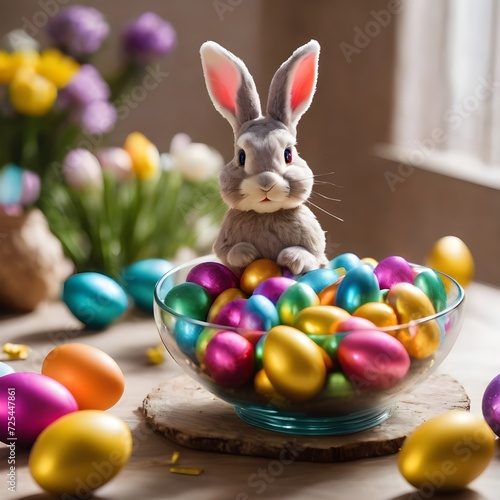 easter bunny with colorful easter choclate eggs in the glass bowl for feast  © QasimAli