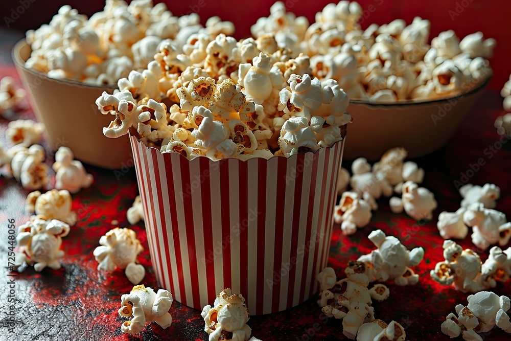 popcorn popping in striped cardboard bucket professional advertising food photography popcorn popping in striped cardboard bucket professional advertising food photography