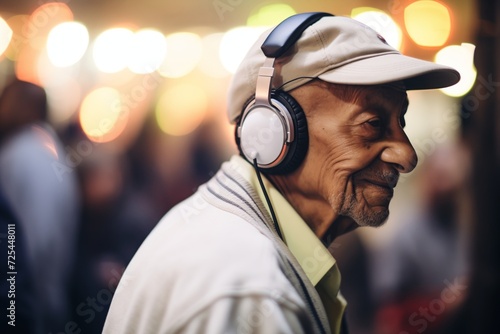 elderly participant at a silent disco, headphones glowing in dark photo
