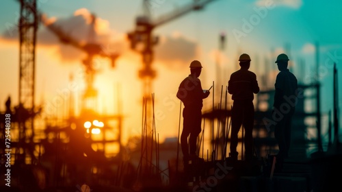 Silhouette Teams of Business Engineers looking for blueprints in construction sites through blurry construction sites at sunset. © Sasint