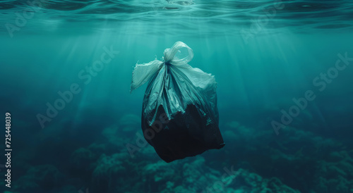 Ocean, sea and garbage floating underwater in dirty water for awareness background and poster design. Blue, wildlife and nature scene with plastic for impact of pollution, environment and waste