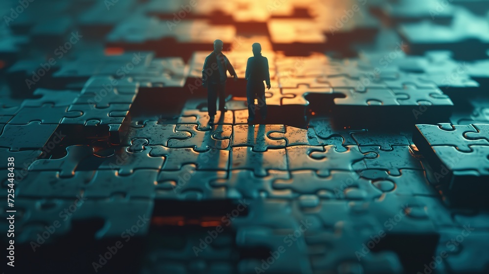Two miniature figures standing on a jigsaw puzzle with missing pieces ...