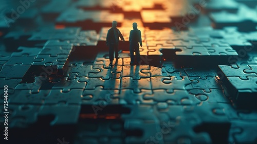 Two miniature figures standing on a jigsaw puzzle with missing pieces, casting long shadows, evoking concepts of teamwork and problem-solving.