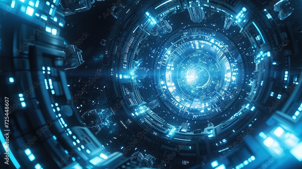 Digital illustration of a sci-fi space station corridor with a deep perspective and bright blue lights. Digital illustration of a sci-fi space station corridor with a deep perspective and bright blue lights.