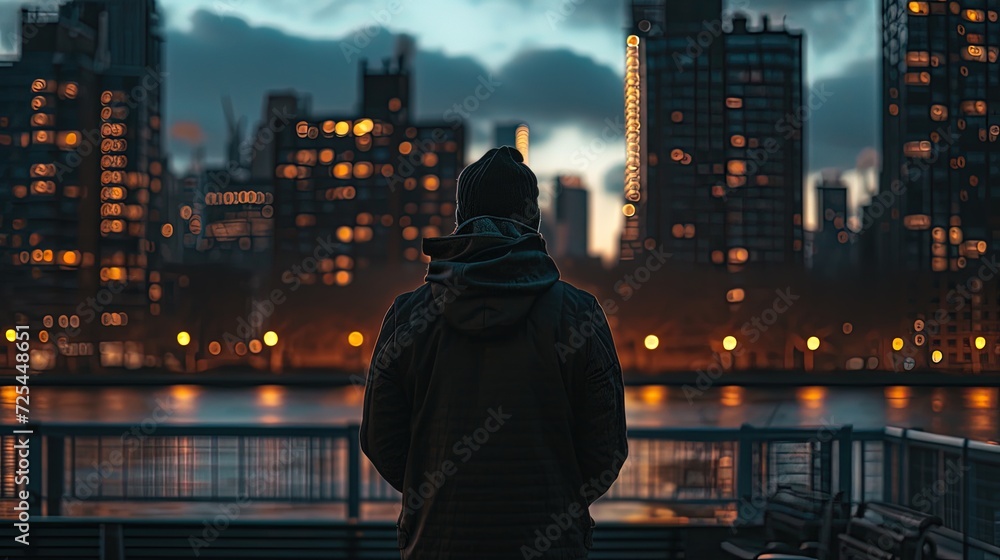 A lone individual stands facing a city's glowing lights during a tranquil urban sunset, creating a reflective mood. A lone individual stands facing a city's glowing lights during a tranquil urban sunset, creating a reflective mood.