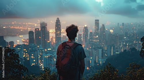 Back view of a traveler with a backpack gazing at the glowing city lights at dusk from a high vantage point.