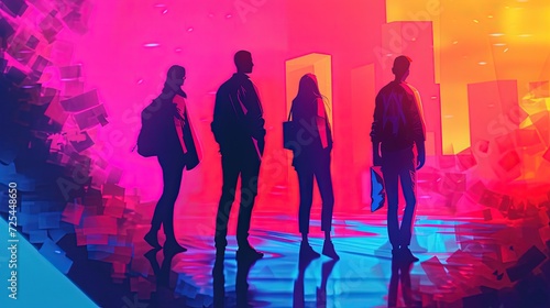 Four silhouetted individuals against an abstract, geometric backdrop with vibrant pink and blue hues, depicting a dynamic and futuristic setting.