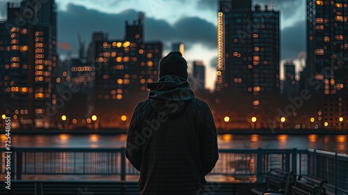 A lone individual stands facing a city's glowing lights during a tranquil urban sunset, creating a reflective mood.