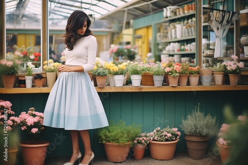 lady in a pastel skirt selecting flowers at a garden center photo