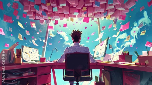 A person sits at a cluttered desk, engulfed by a whirlwind of colorful papers and sticky notes, symbolizing a hectic work environment. photo
