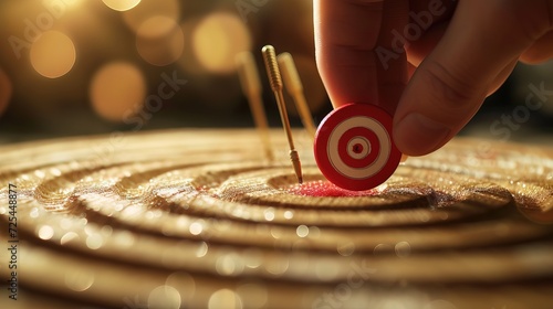 Close-up of a focused hand carefully placing a dart on the bullseye of a dartboard, with a blurred bokeh background, symbolizing precision and goal achievement.