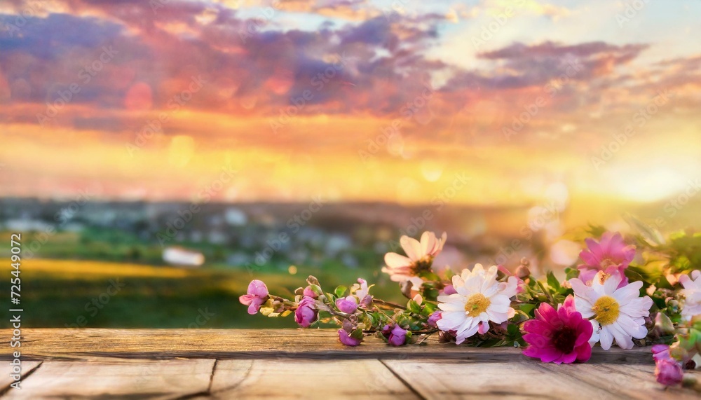 Spring flowers background, empty space for text, beautiful sunset with colorful clouds