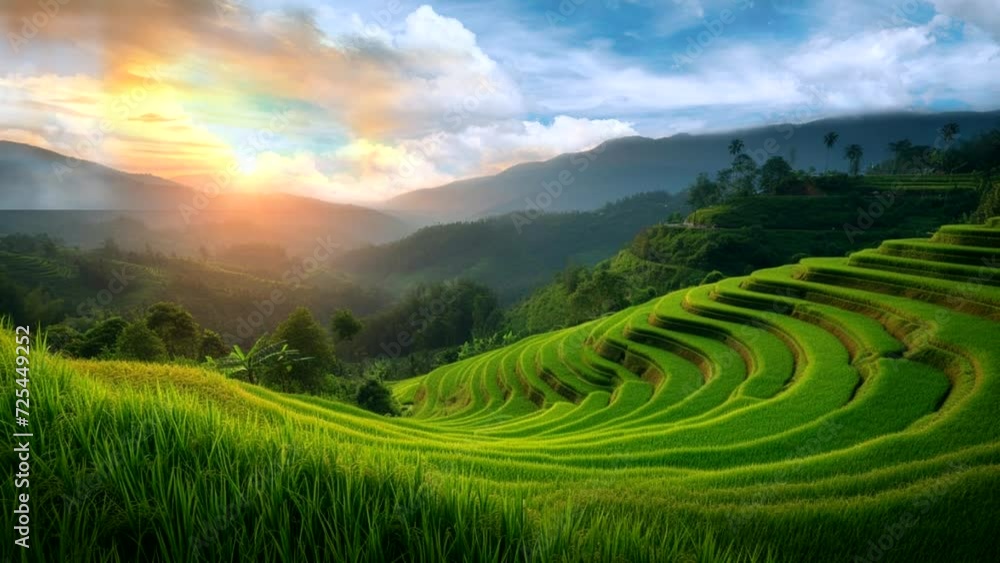 A view of green hills, with rice paddies neatly arranged like choppy steps. Following each other and the blue sky above, the white clouds, the birds flying.at sunrise Seamless looping time-lapse 4k an A view of green hills, with rice paddies neatly arranged like choppy steps. Following each other and the blue sky above, the white clouds, the birds flying.at sunrise Seamless looping time-lapse 4k an