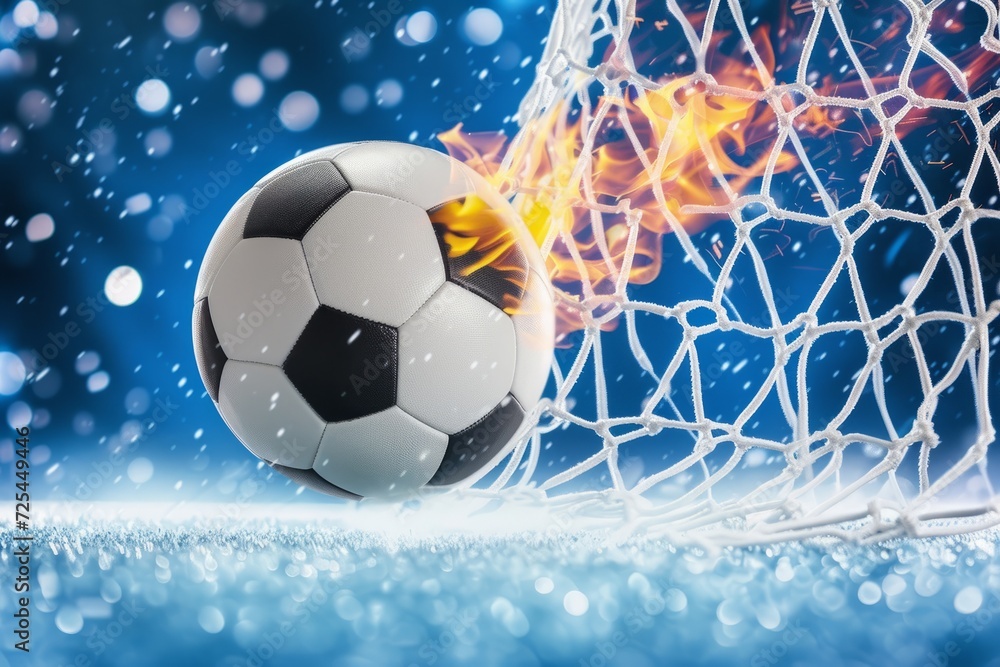 Naklejka premium A soccer ball flies into the goal on a snowy background. place for the text