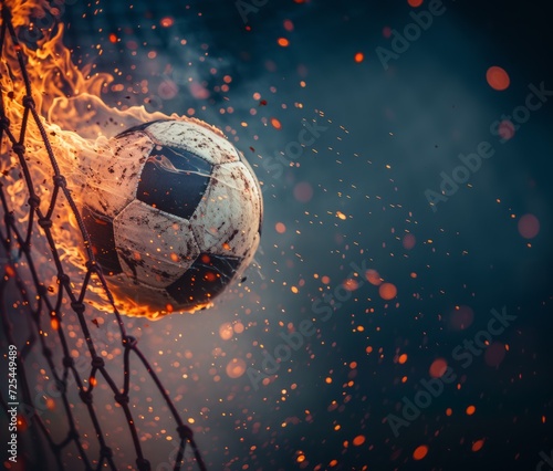 A soccer ball in a goal net with flames and ashes on a dark background. a place to copy