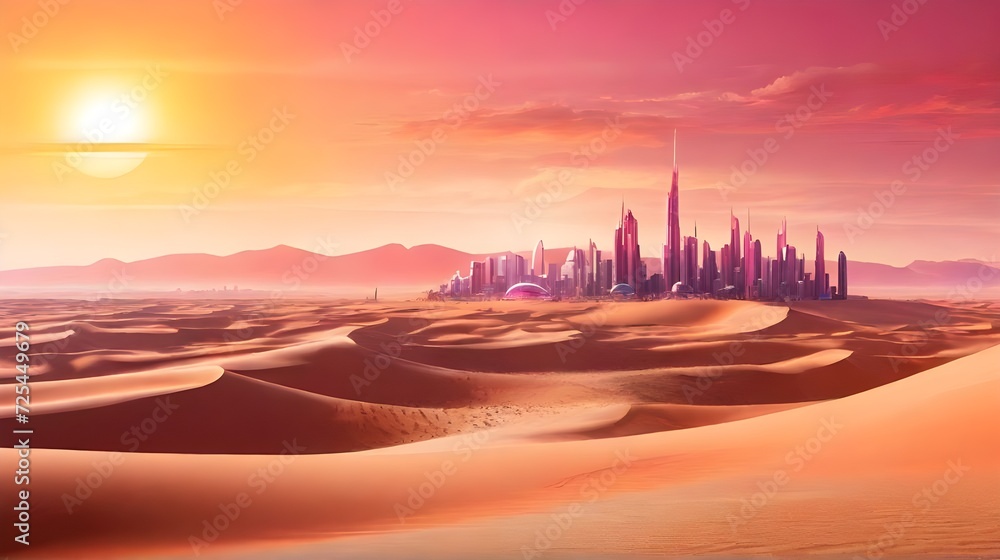 Obraz premium Beautiful Landscape Pink Sand Desert Sunset Background Futuristic City