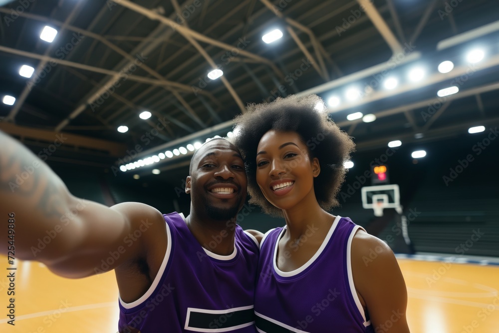 basketball couple in jerseys, taking selfie on court