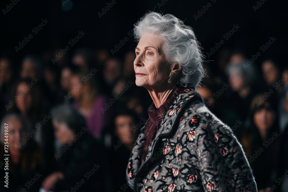 elderly model in a chic coat on a fashion show catwalk elderly model in a chic coat on a fashion show catwalk