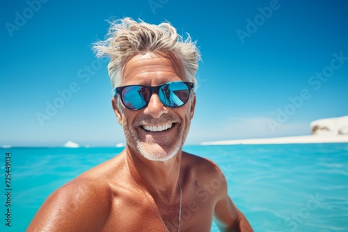 Portrait of happy senior man in sunglasses on a tropical beach.