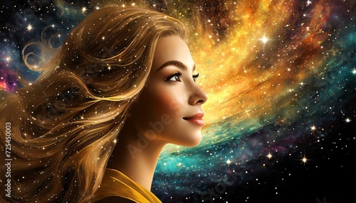 Woman with golden skin looking to the universe with colorful galaxy