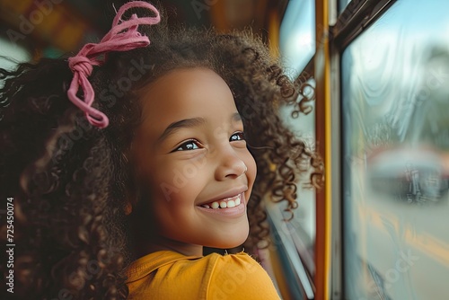 ittle black girl is sitting with her back to the seat of a modern school bus, smiling photo