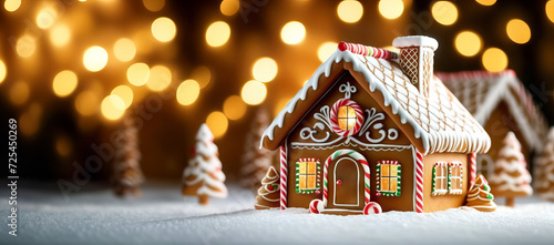 Gingerbread house with Christmas trees on a background of golden bokeh on a banner with free space for text. New Year, Christmas, cooking