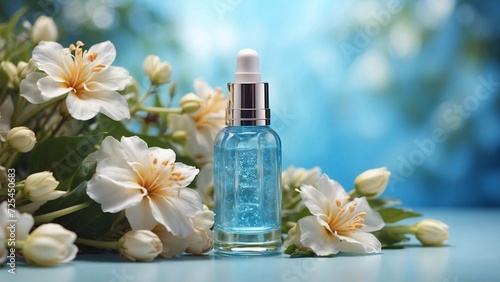 cosmetic aroma serum in blue glass bottle with white flower background, cosmetics product advertising banner