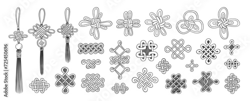 Chinese lucky knot charm. Japanese knot. Lucky knot coin amulet. Asian doodles. Japanese tassel. Asia culture symbols. Chinese New Year decoration.