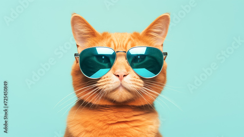 Closeup portrait of funny ginger cat wearing sunglasses isolated on blue background. Copy space.