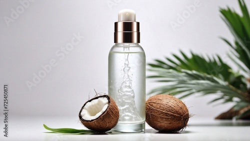 coconut oil in glass bottle on white background with copy space, skincare products advertising banner